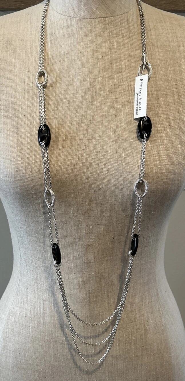 Vintage silver Tone Etienne Aigner Link Chain long Necklace silver/black NWT